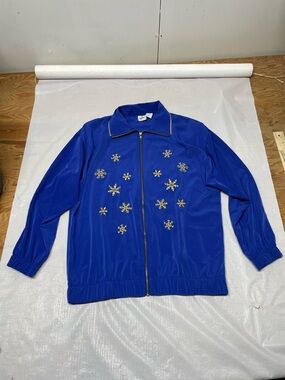 Embellished Blue Zip-Up Bomber Jacket with Gold Accents